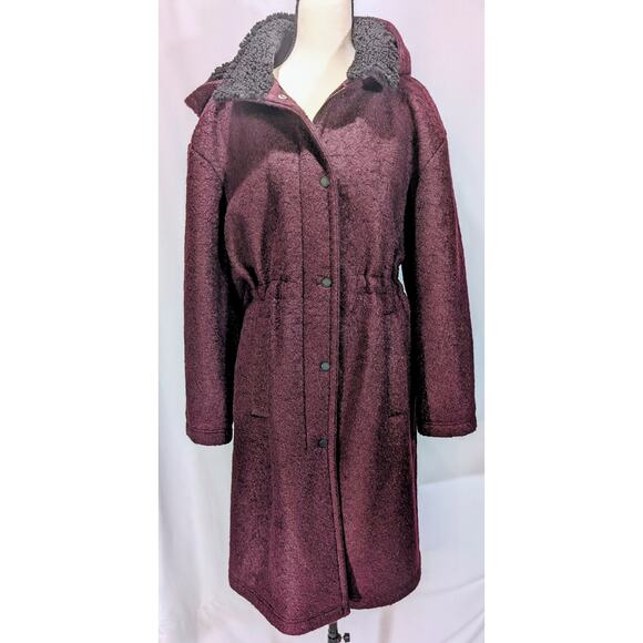 Kenneth Cole Boucle Wool Blend Hooded 3/4 Coat Burgundy Cinch Waist Size L - Picture 1 of 10